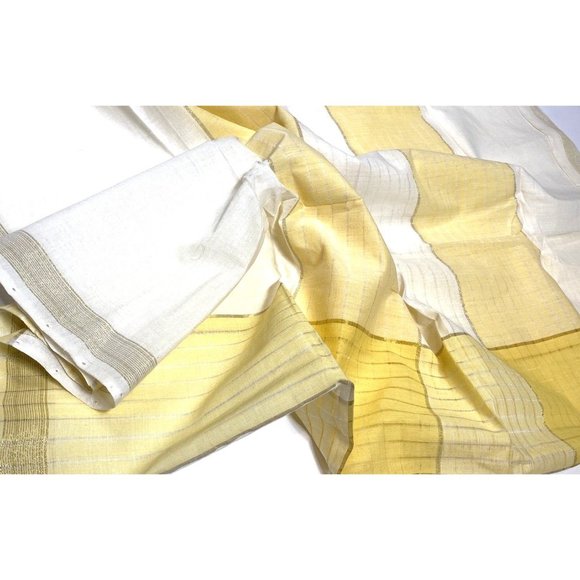 Vintage Gold Yellow White Textile Fabric Plaid Fringe Sari Dupatta Luxury Cloth - Picture 6 of 7